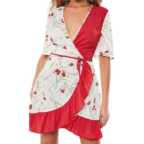 MISSGUIDED Floral Polka Dot Wrap A-Line Dress - Picture 2 of 16